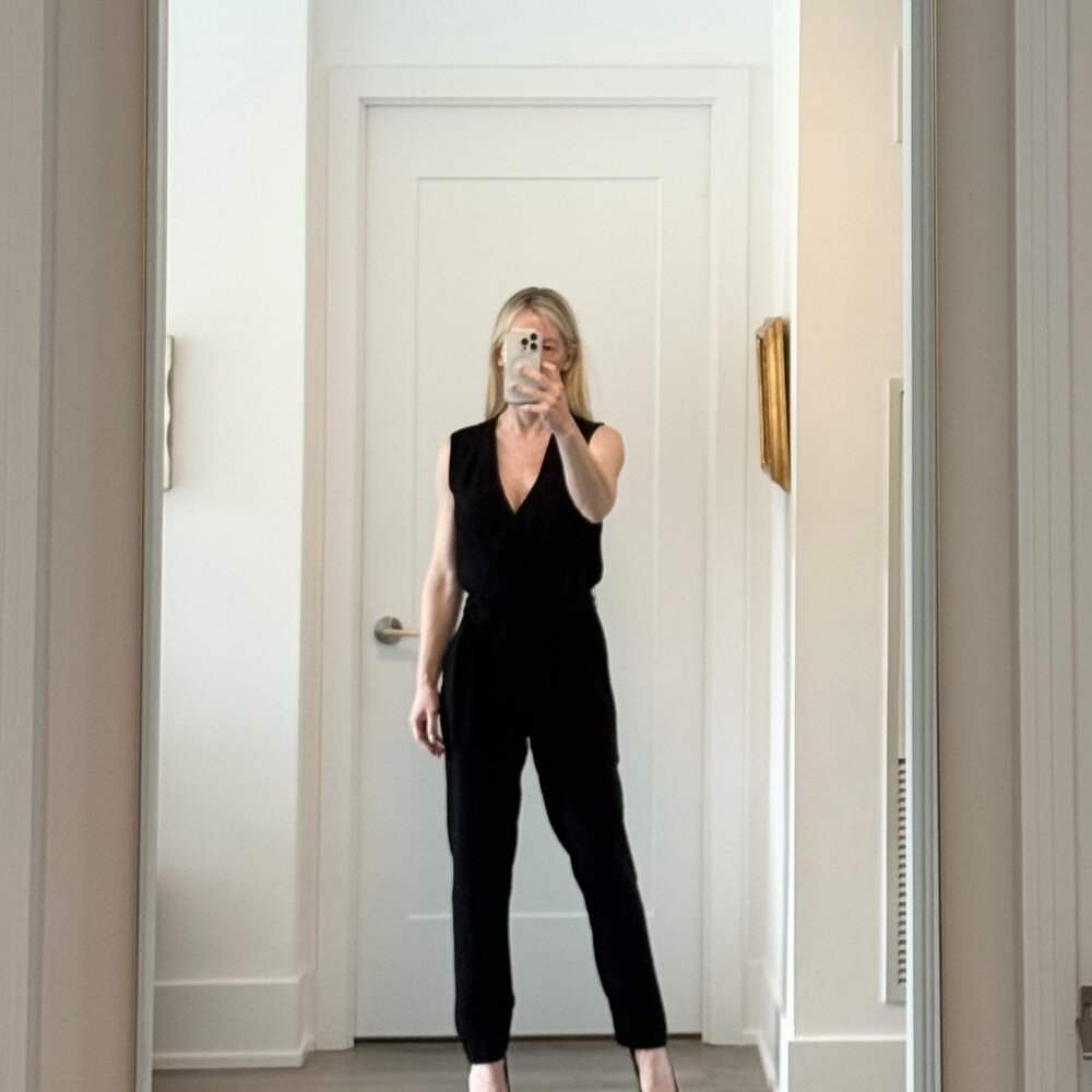 DVF Black One-Piece Jumpsuit – Wrap Top, Pockets, Belt | Size 2